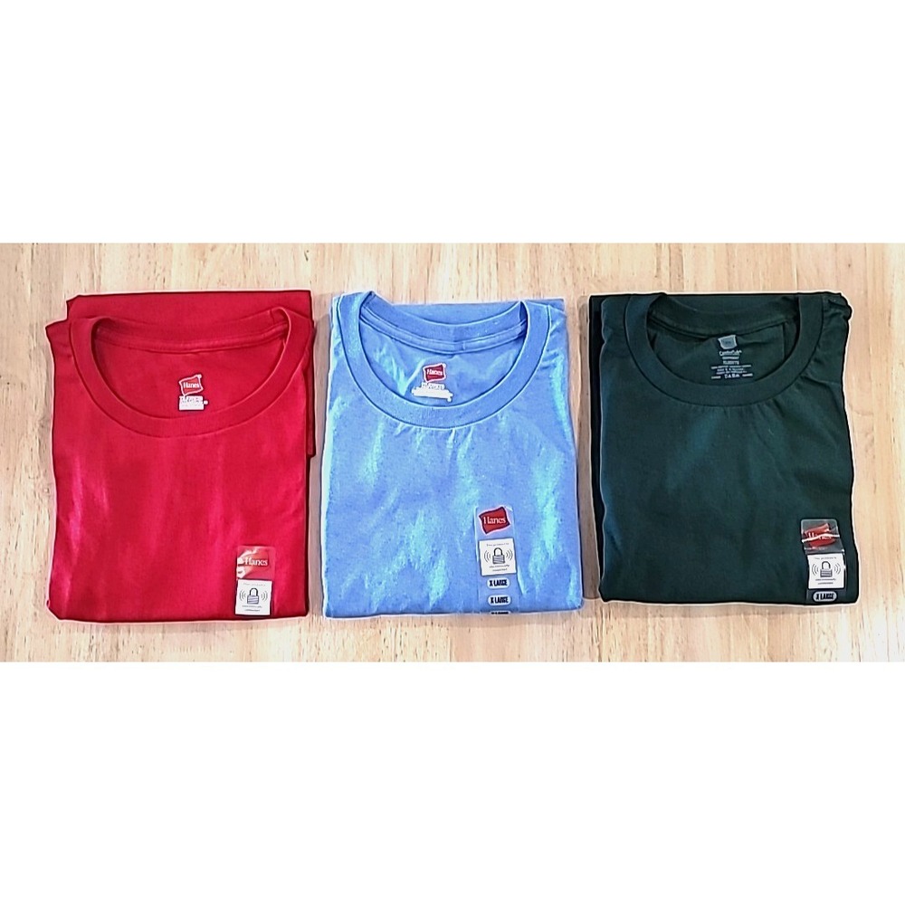 Set of 3 Hanes Size XL Crew Neck T-Shirts Red-Light Blue-Dark Green